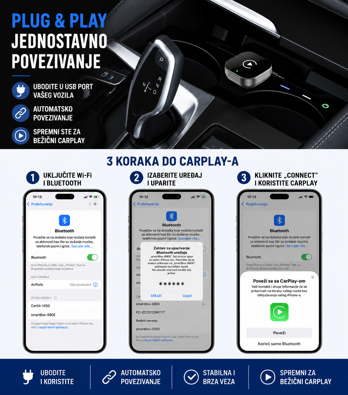 Bežični CarPlay / Android Auto Adapter – Plug & Play