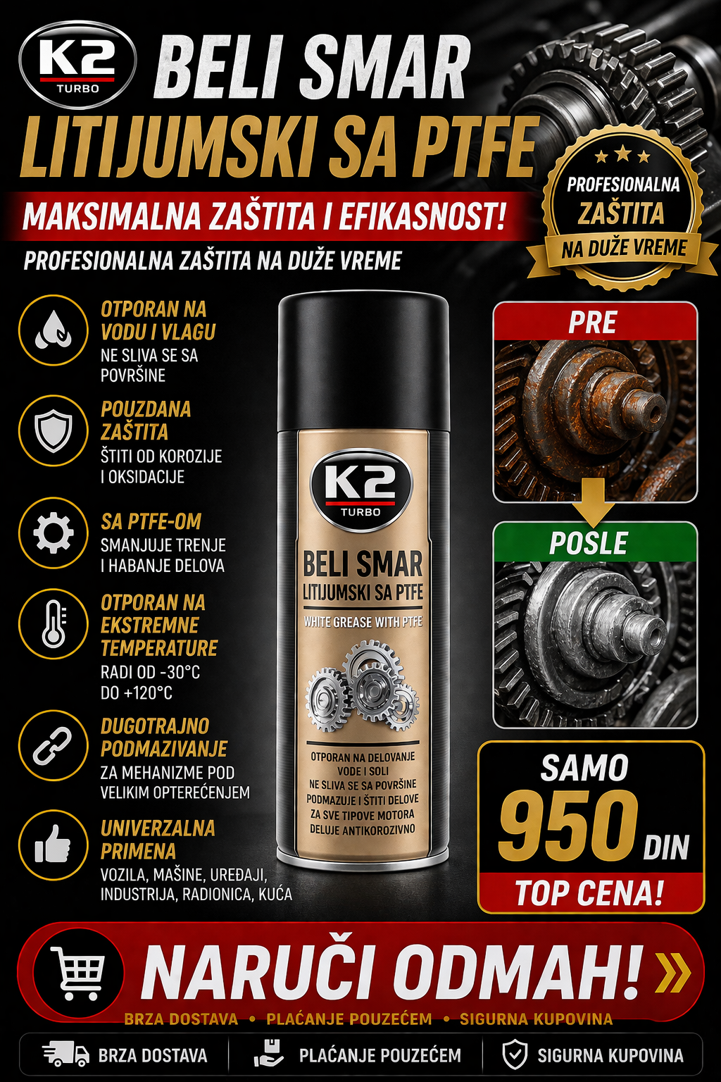 K2 - Sprej višenamenski bela litov mast + PTFE